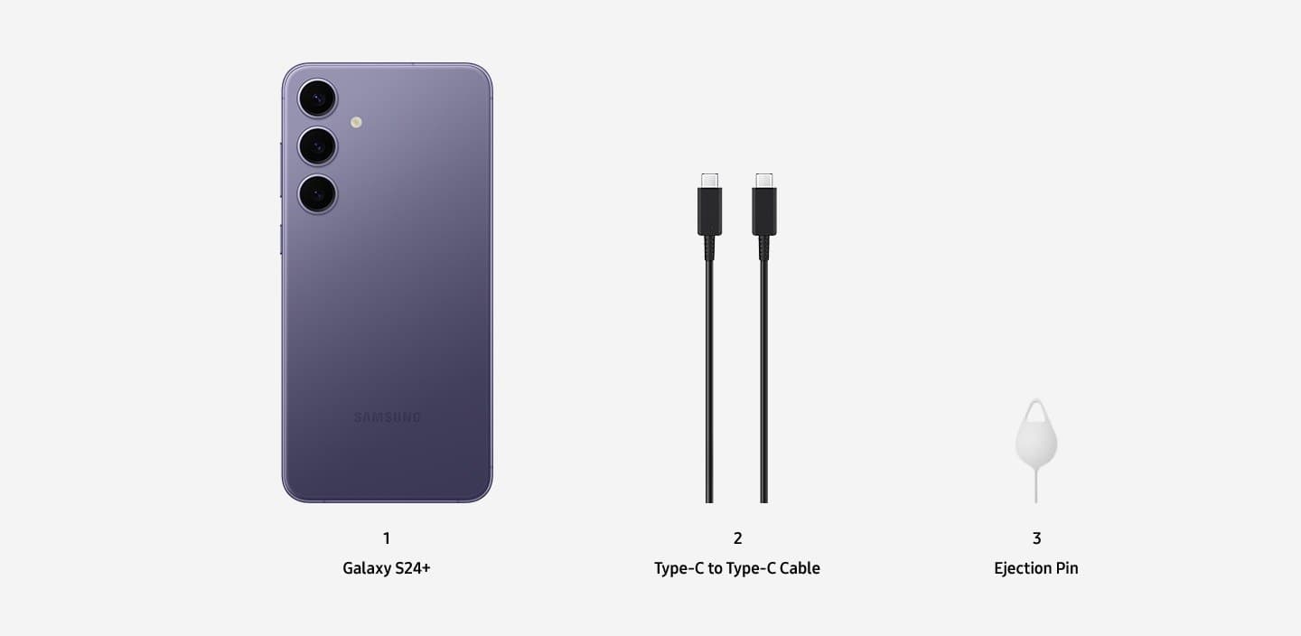 Samsung's in-the-box graphic for Galaxy S24+: the phone, a Type-C to Type-C cable and an ejection pin