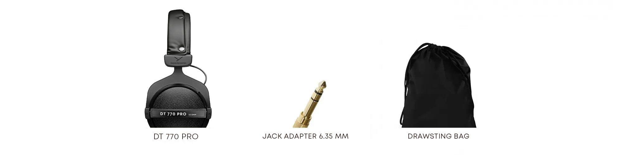 What comes with the DT 770 PRO: the headphones, a 6.35 mm jack adapter and a drawstring bag