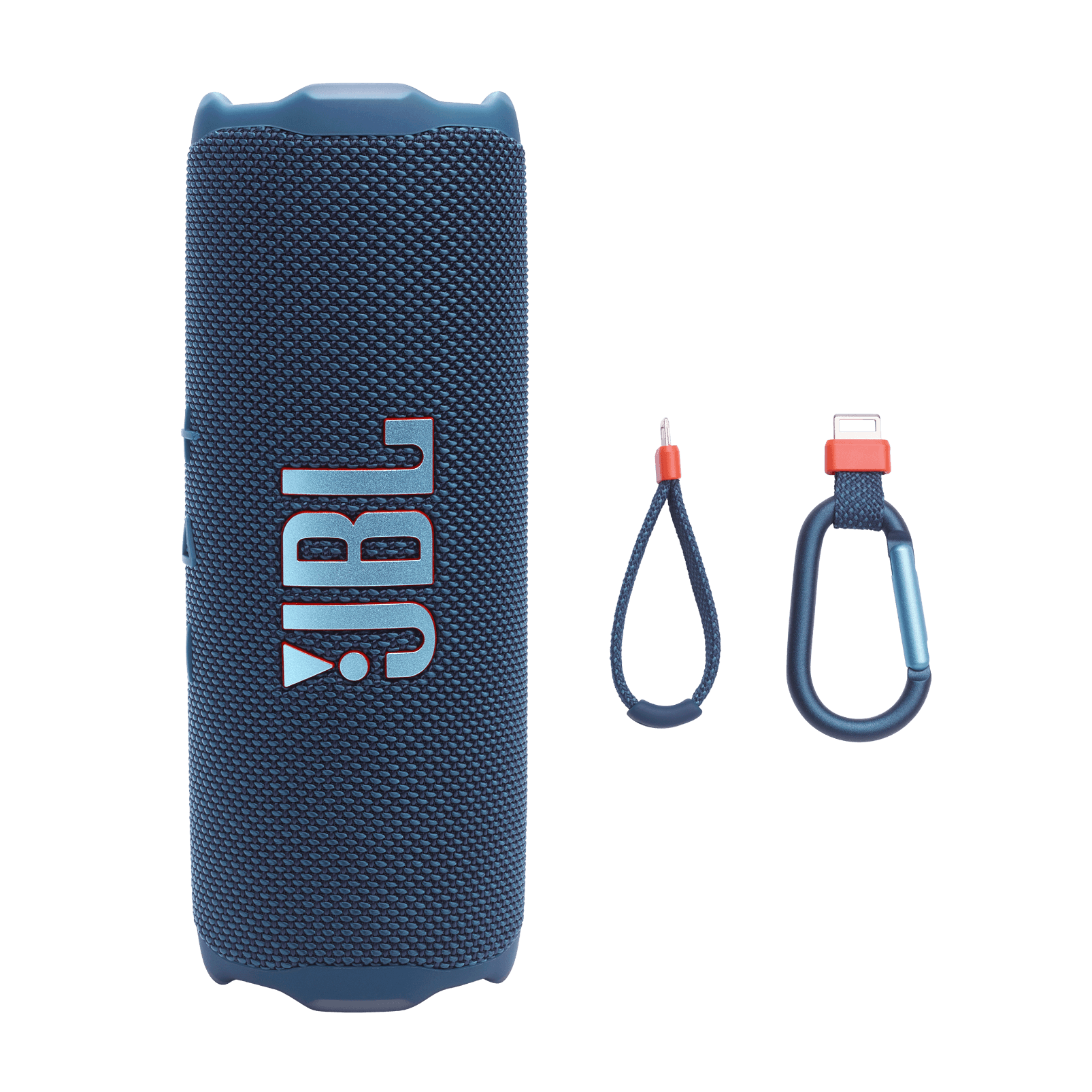 The JBL Flip 7 in blue with its PushLock finger loop and carabiner hook