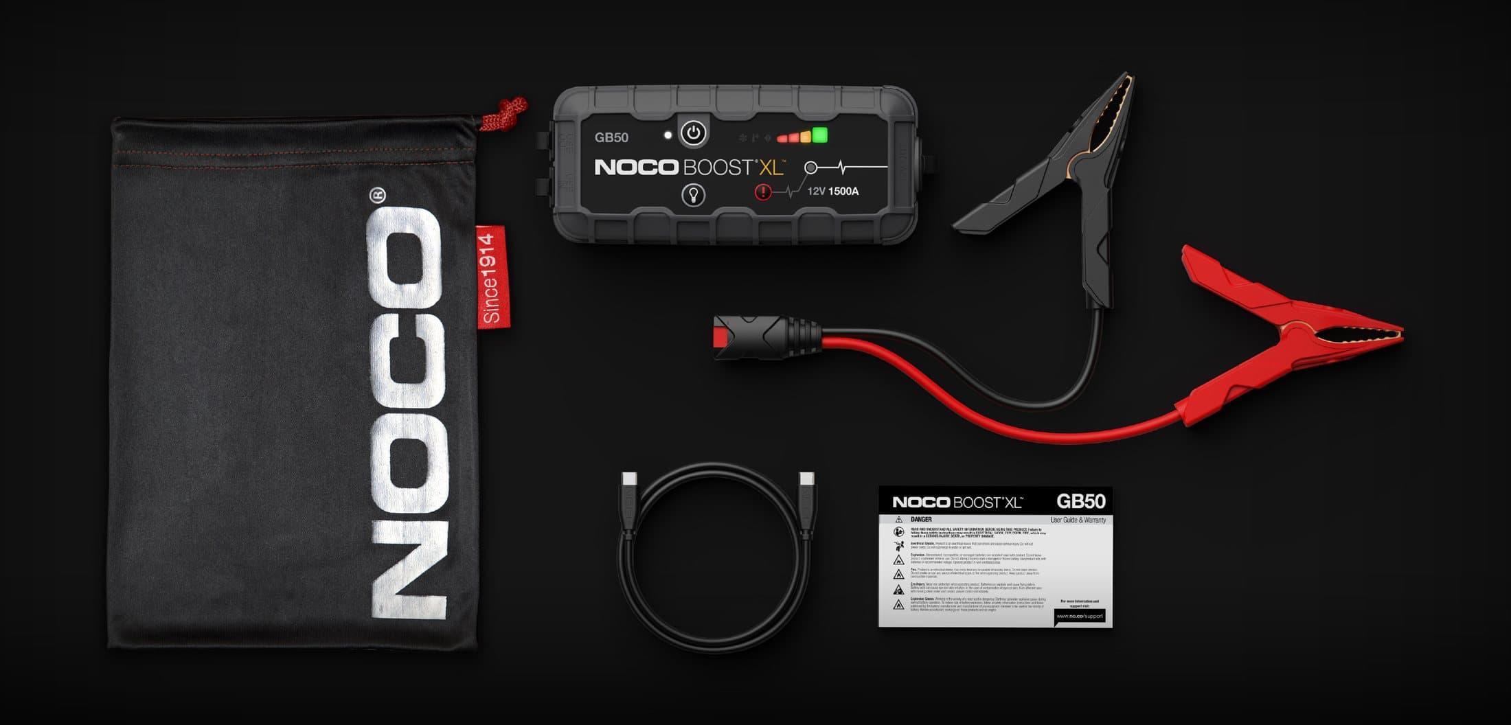 NOCO's layout of what comes with the GB50: the jump starter, its red and black battery clamps, a USB-C cable, the microfibre storage bag and the printed guide