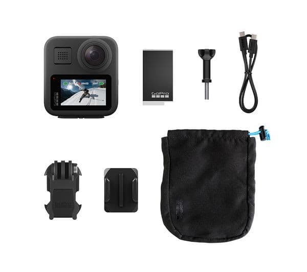 GoPro MAX with its Enduro battery, thumb screw, USB-C cable, mounting buckle, curved adhesive mount and microfibre bag laid out