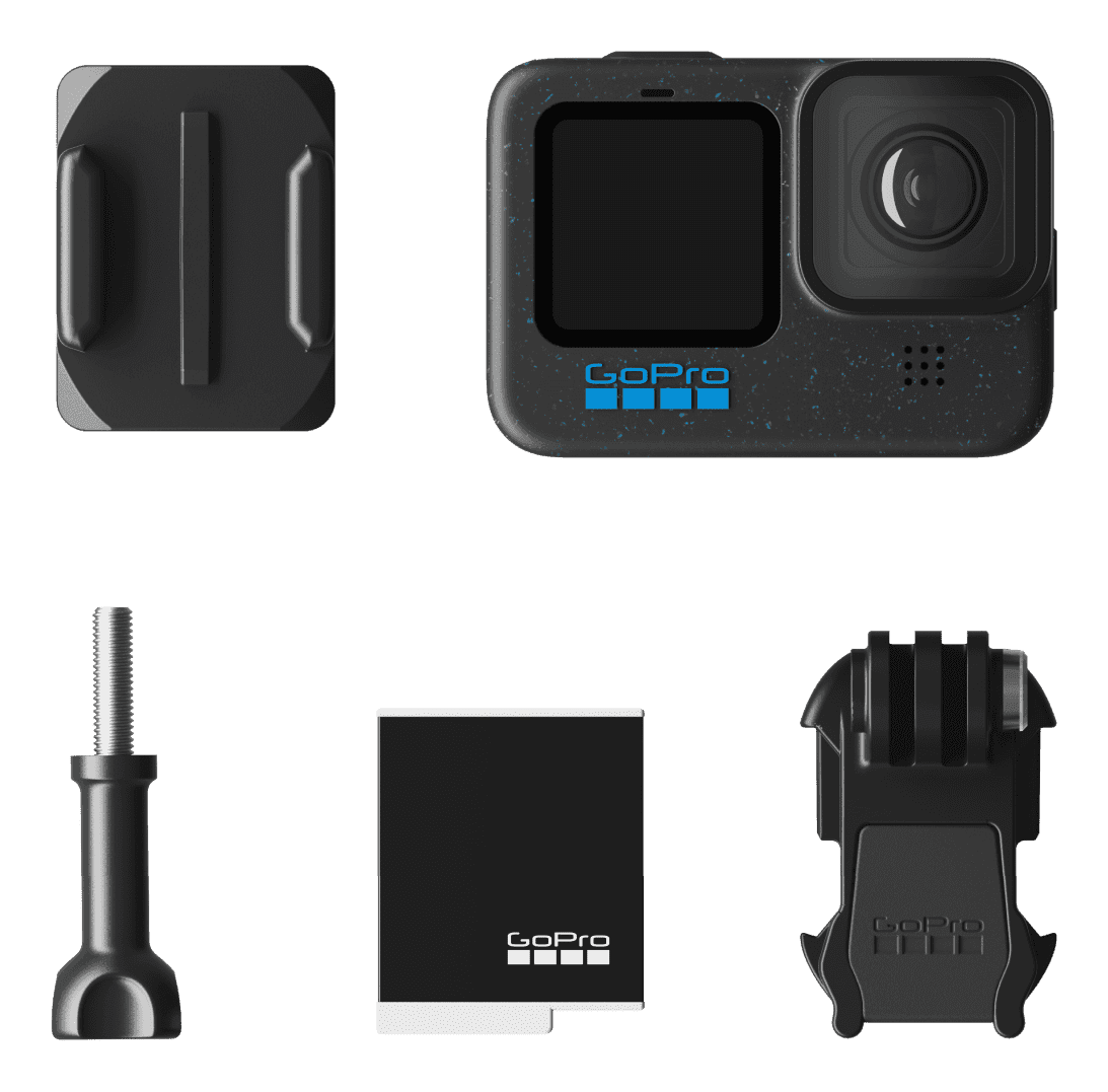 What comes with HERO12 Black: the camera, an Enduro battery, a curved adhesive mount, a mounting buckle and a thumb screw