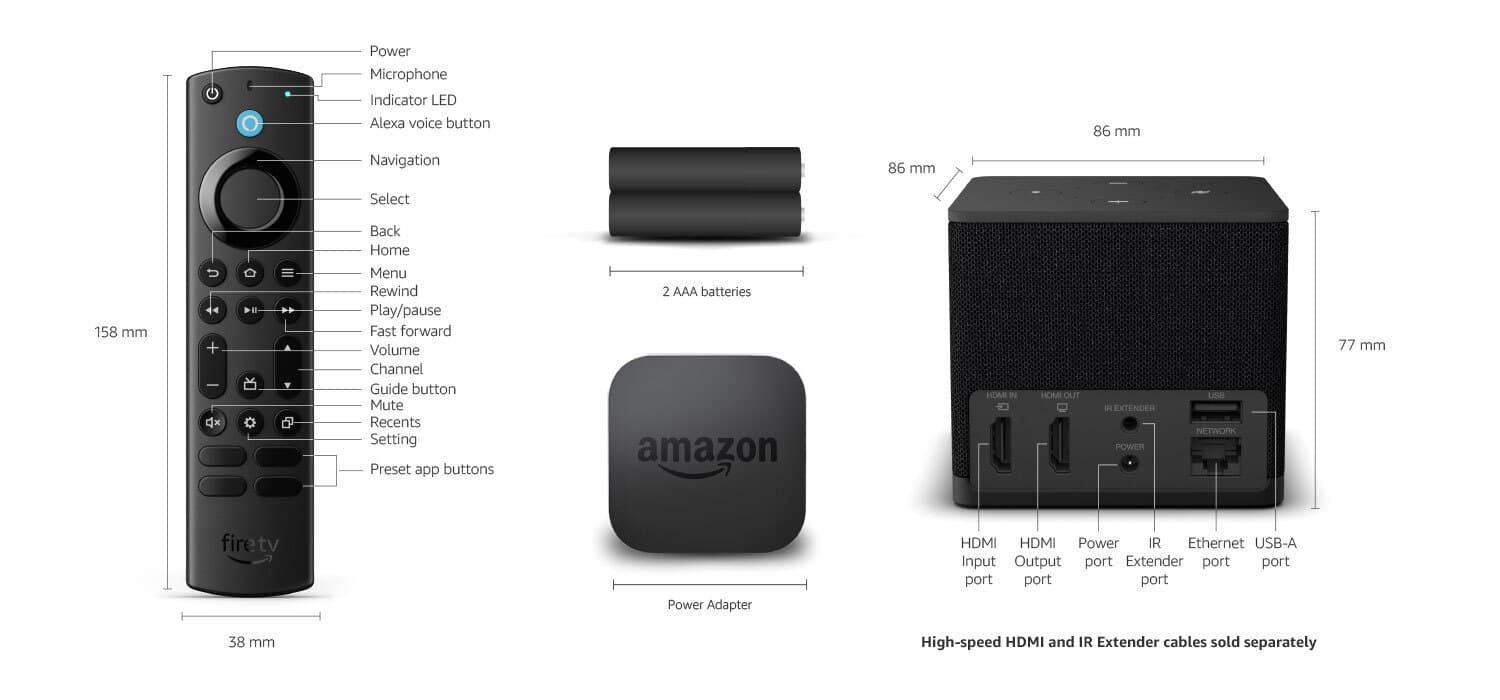 Fire TV Cube (3rd generation) seen from the back with its ports labelled, beside the Fire TV Alexa Voice Remote, two AAA batteries and the power adaptor