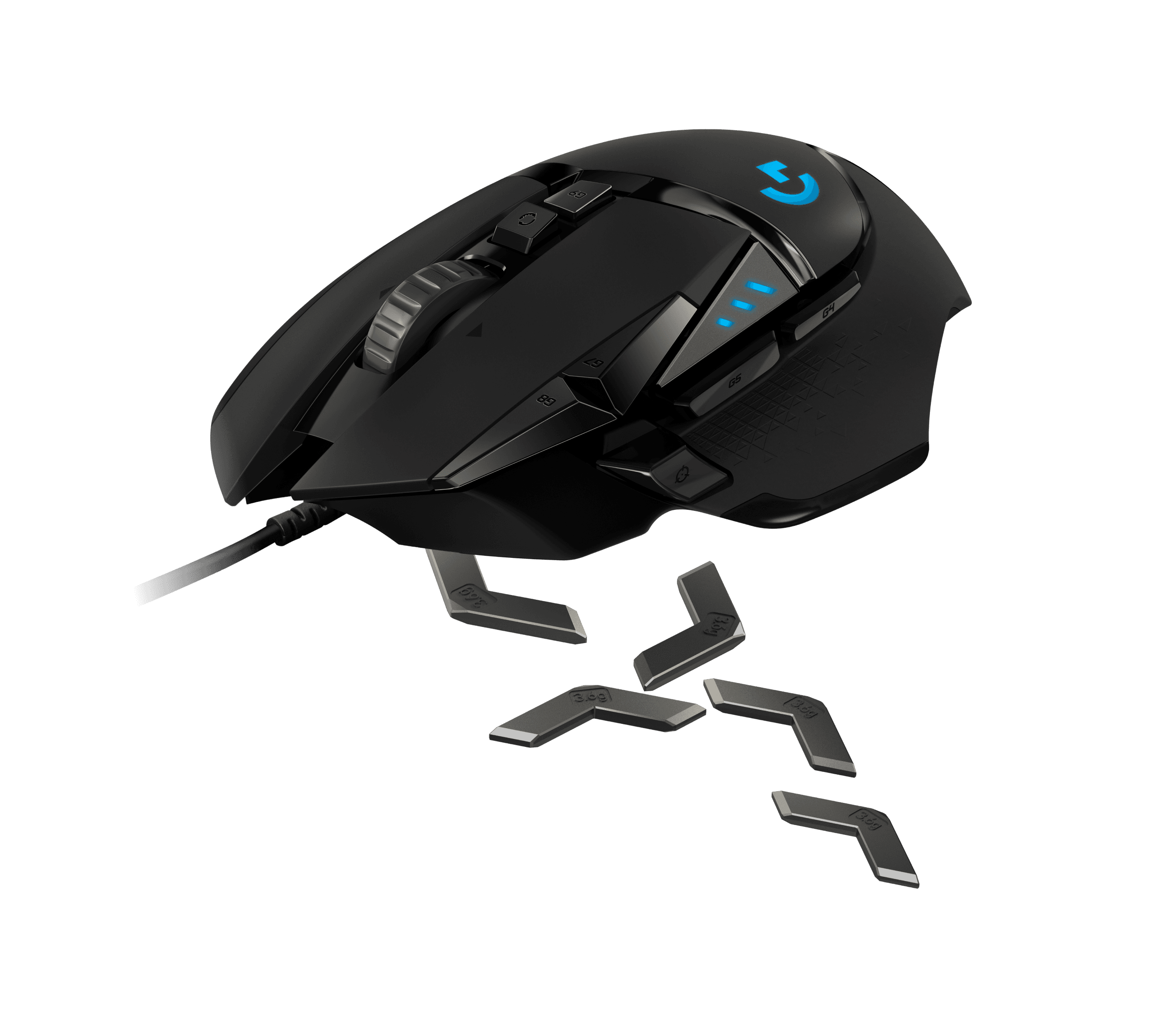 Logitech G502 HERO gaming mouse with its five removable tuning weights