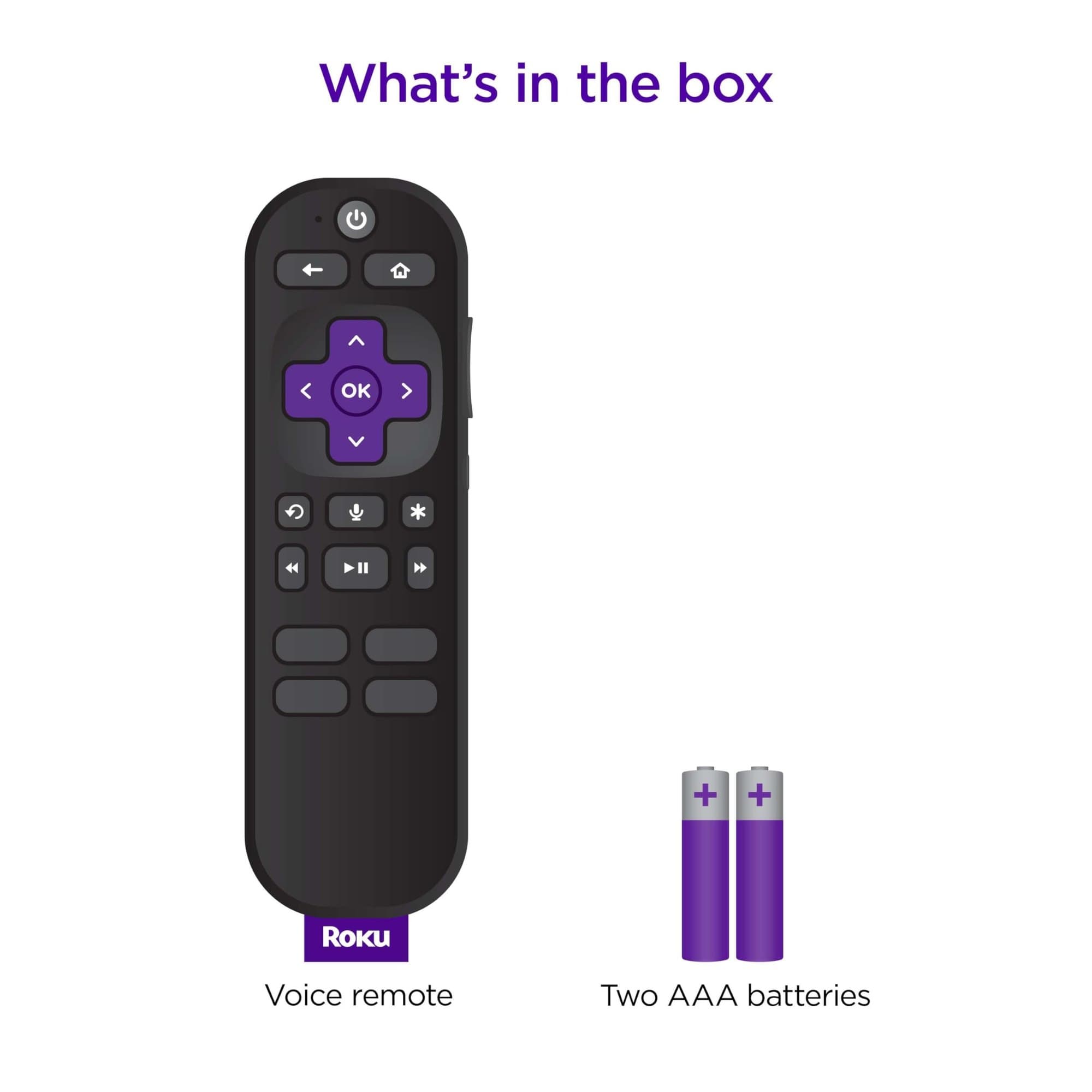 Roku graphic of what's in the box: the Roku Voice Remote and two AAA batteries
