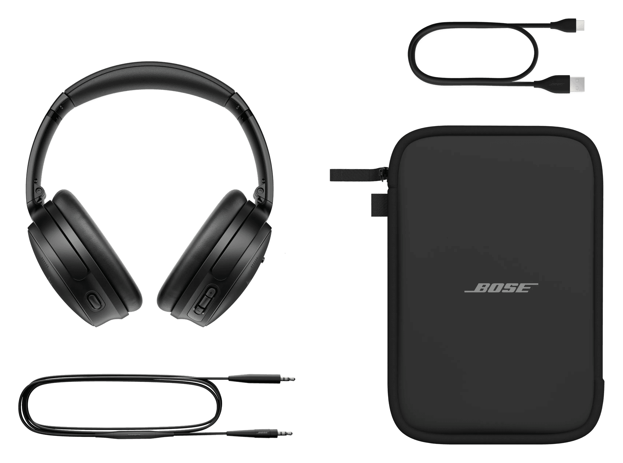 Bose QuietComfort SC Headphones in black with the soft carry case, the USB-C charging cable and the 3.5 mm to 2.5 mm audio cable