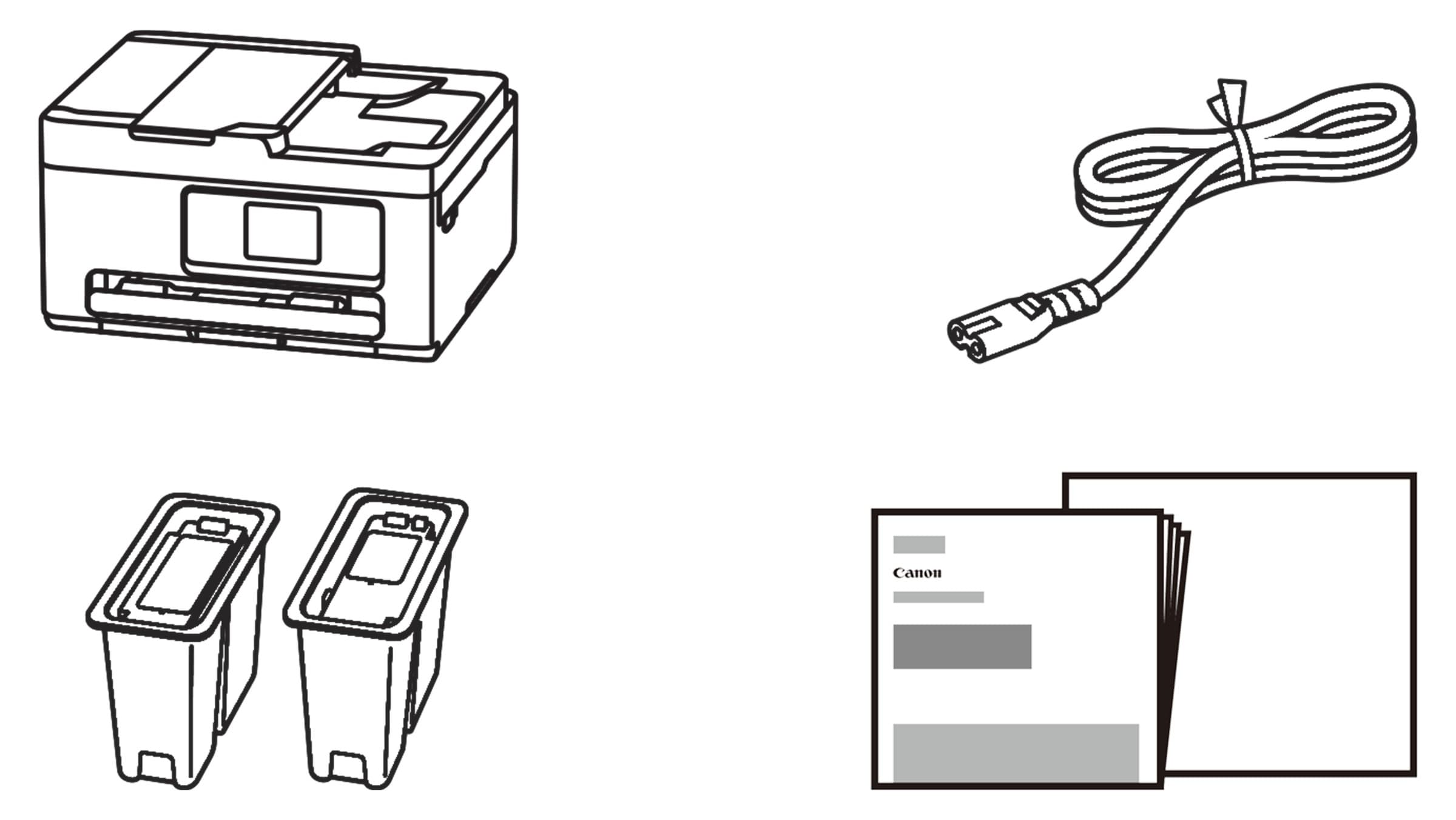 Line drawing of the box contents: the PIXMA TS7750i printer, a power cord, two FINE ink cartridges and the printed manuals
