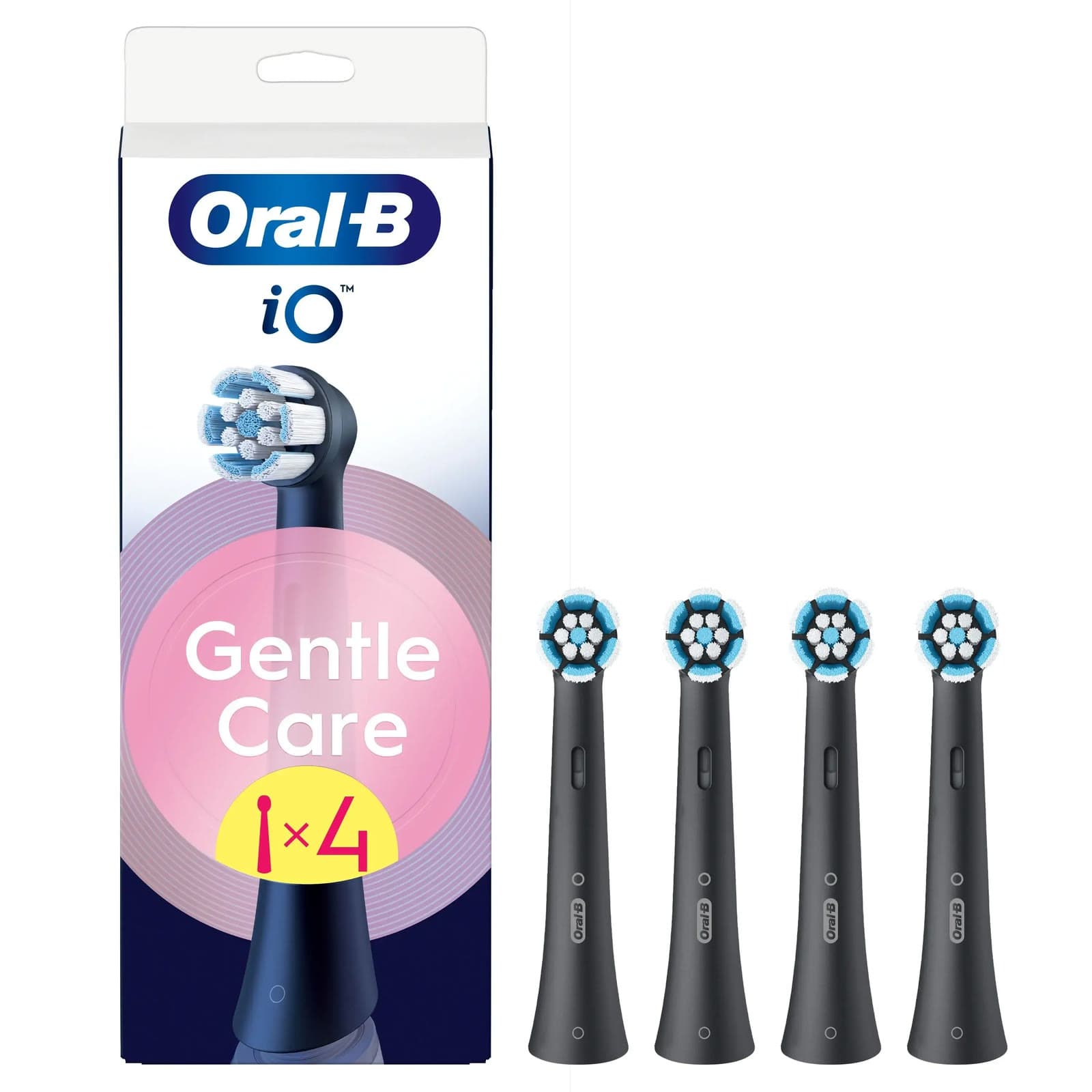 Oral-B iO Gentle Care box marked 1 x 4 beside four black iO brush heads with blue and white bristles