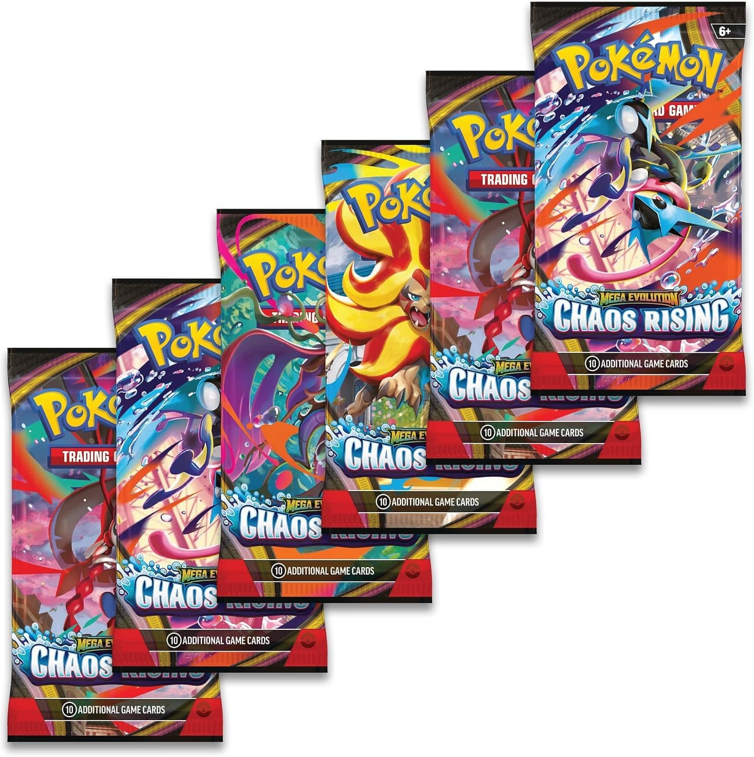 Six Pokémon TCG Mega Evolution—Chaos Rising booster packs fanned out