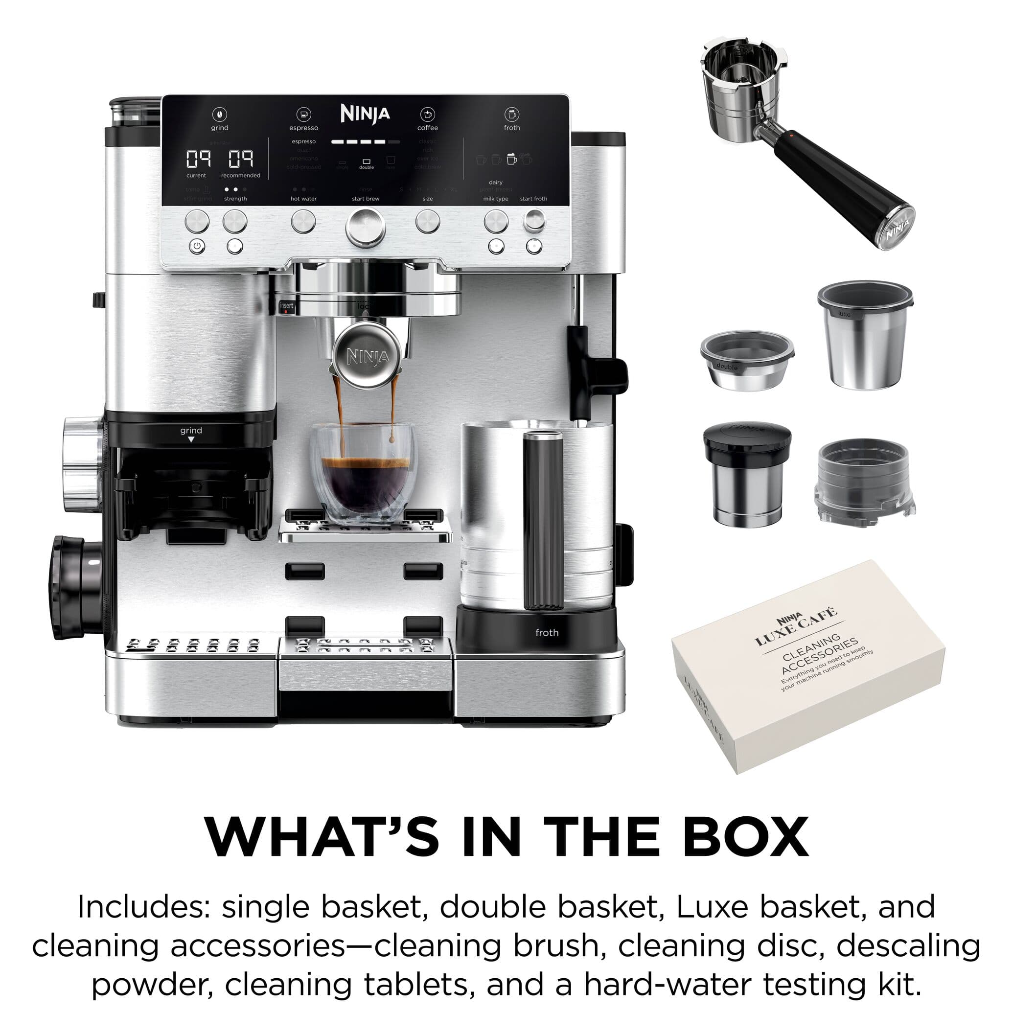 Ninja's What's in the box graphic: the Luxe Café Premier Series machine with its portafilter, filter baskets and cleaning accessories box