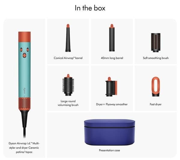 Dyson's in-the-box graphic: the Airwrap i.d. multi-styler and dryer in Ceramic Patina and Topaz, the Conical Airwrap barrel, 40mm long barrel, soft smoothing brush, large round volumising brush, Dryer+Flyaway smoother, fast dryer and presentation case