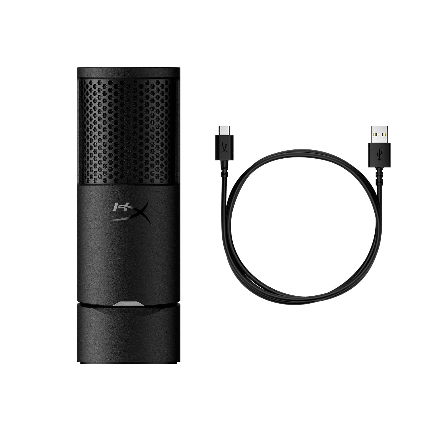 HyperX SoloCast 2 microphone beside its coiled USB-C to USB-A cable