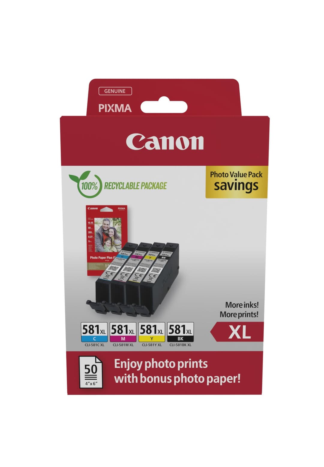 Canon CLI-581XL Original High (XL) Yield Ink Cartridge 4 pc(s) Black, Cyan, Magenta, Yellow + 50 Sheets 4x6in Photo Paper Value Pack (2052C006) - Image 1