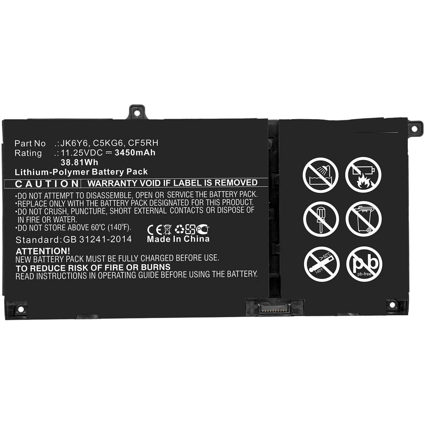 CoreParts MBXDE-BA0239 Laptop Battery for Dell 38.81Wh 11.25V 3450mAh Li-Polymer - JK6Y6 C5KG6 CF5RH - Inspiron 13 5301, Inspiron 14 5406 2-in-1, Latitude 15 3510