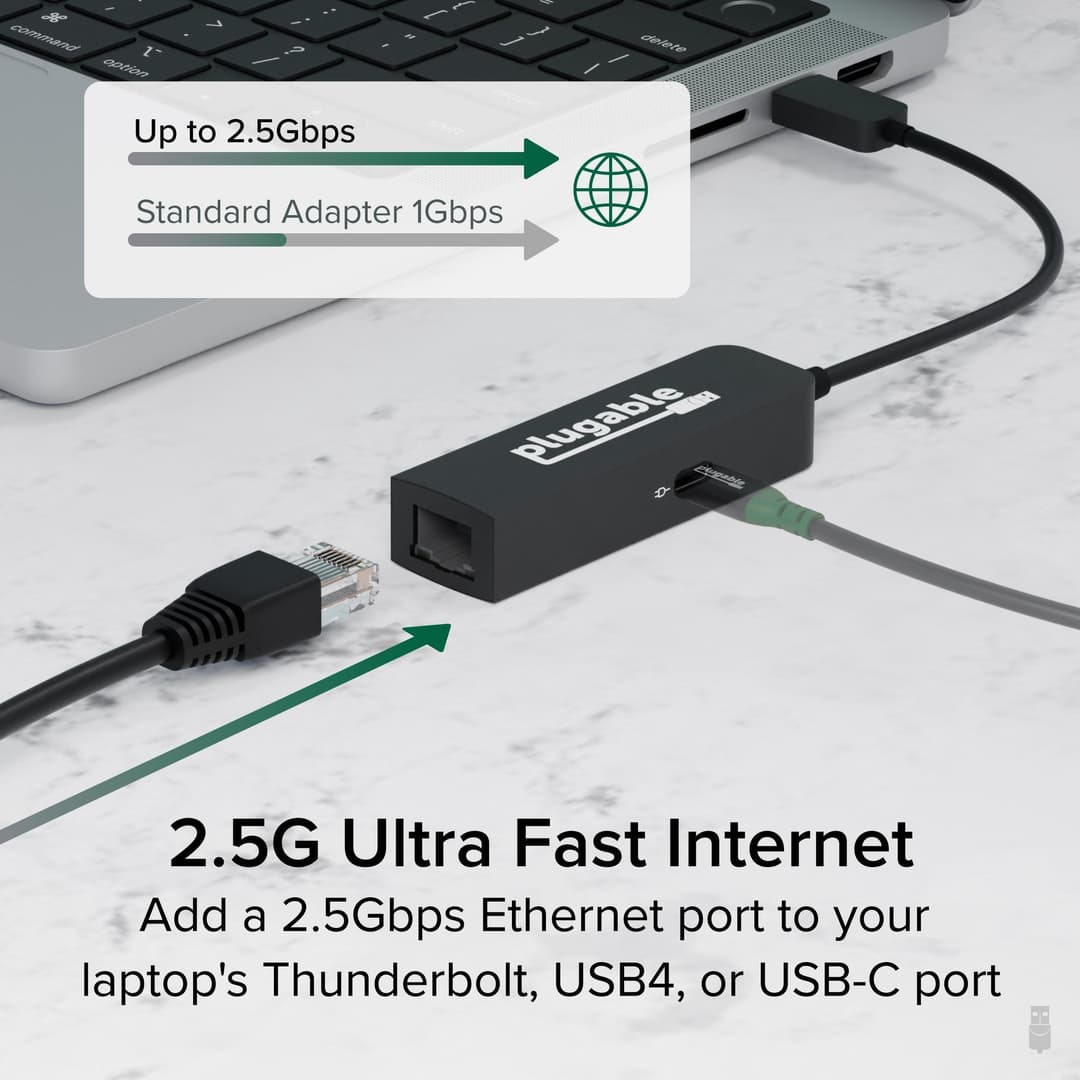 Plugable Technologies USB C to Ethernet Adapter 2.5Gb with 100W USB-C PD Charging, 2.5 Gigabit Type C USB Ethernet Adapter for Windows, MacBook, Chrome, iPad, Surface, XPS, Thunderbolt 4, USB4 (USBC-E2500PD) - Image 3
