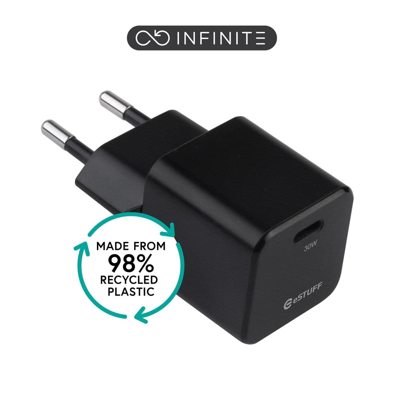 eSTUFF INFINITE (GRS) USB-C GaN Charger 30W PD EU Plug - Black, Retail Pack