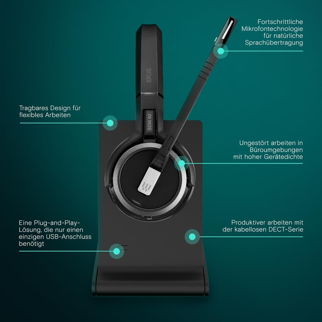 EPOS Impact 5000 Go MS Stereo – Professionelles DECT Wireless Stereo Headset mit Geräuschunterdrückungs-Mikrofon, Microsoft Teams Zertifiziert, 135 m Reichweite, Faltbare Ladestation & USB-A Dongle - Image 4