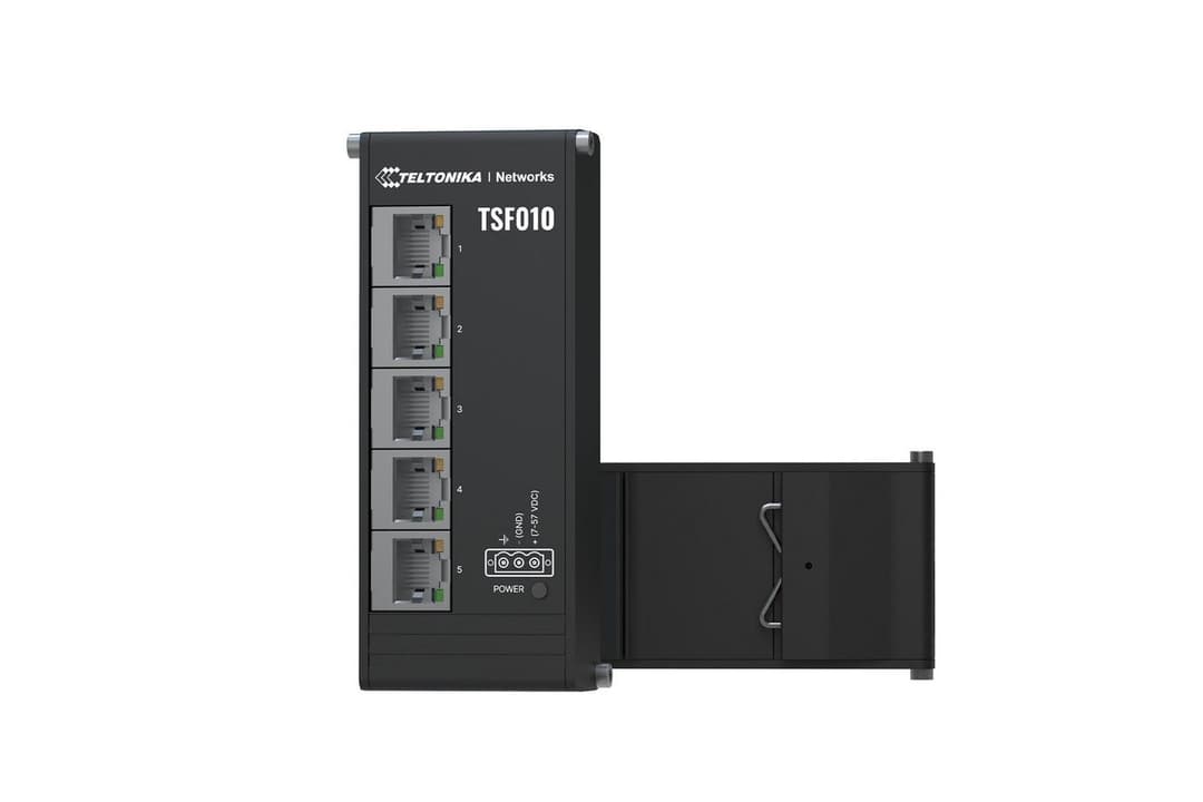 Teltonika TSF010 5-Port 10/100 Unmanaged Industrial Ethernet Switch - DIN Rail, 7-57 VDC - Image 1