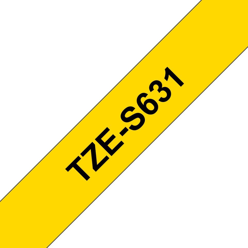 Brother TZe-S631 Strong Adhesive Laminated Labelling Tape 12mm x 8m - Black on Yellow - Image 1