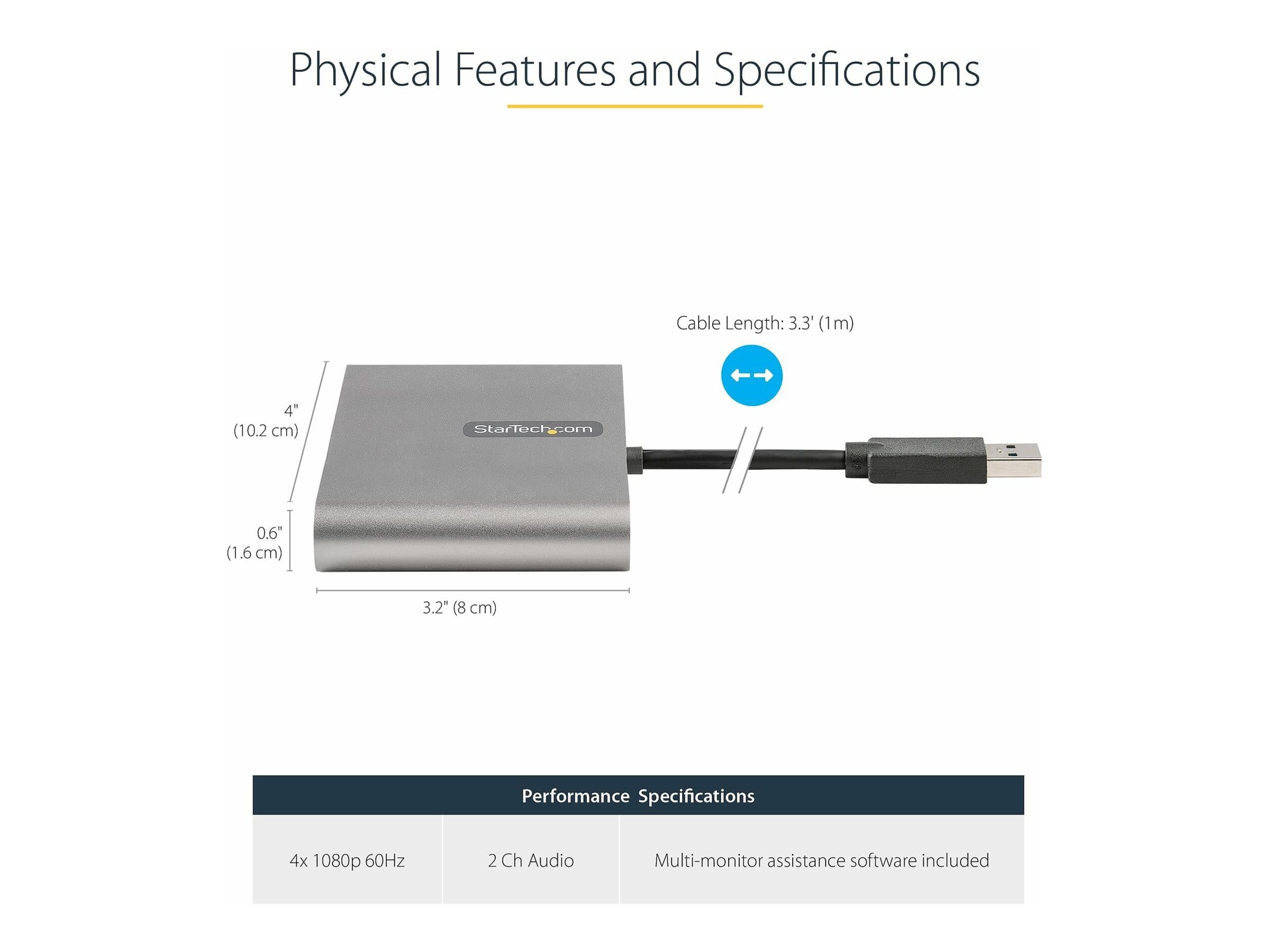 StarTech.com USB 3.0 to 4 HDMI Adapter, External Video & Graphics Card, USB Type-A to Quad HDMI Monitor Display Adapter Dongle, 1080p 60Hz, USB 3.0 to HDMI Adapter/Video Converter, Windows - Multi Monitor Adapter - adapter cable - HDMI / USB - 1 m