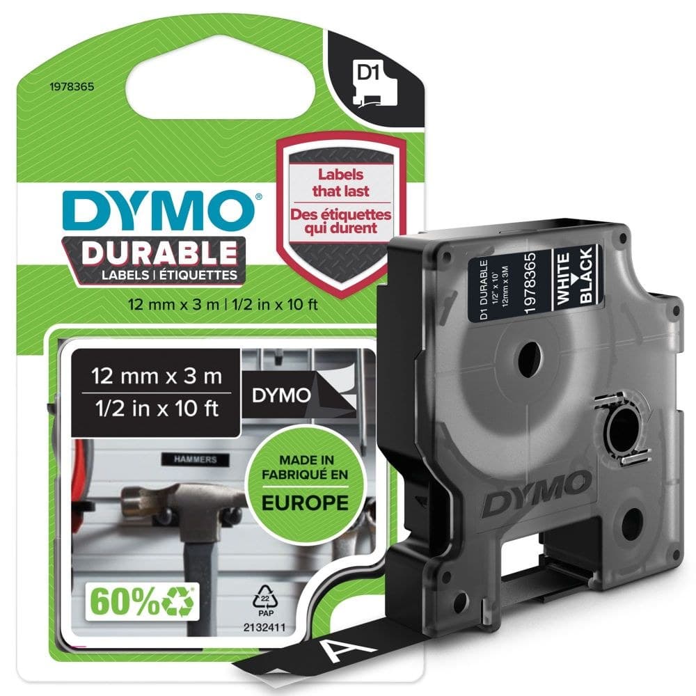Dymo D1 Durable Label Tape 12mm x 3m - White on Black