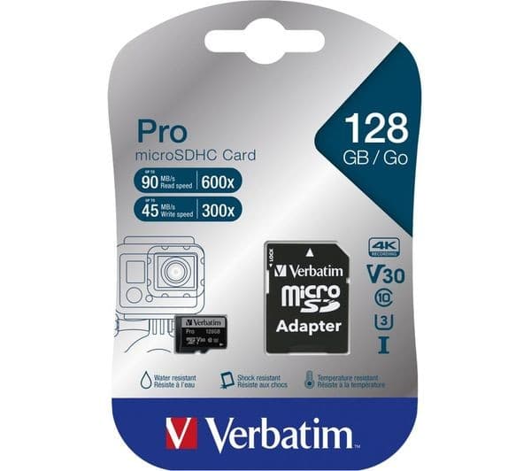 Verbatim Pro Class 10 U3 V30 microSD Memory Card with SD Adapter - 128GB - Image 3