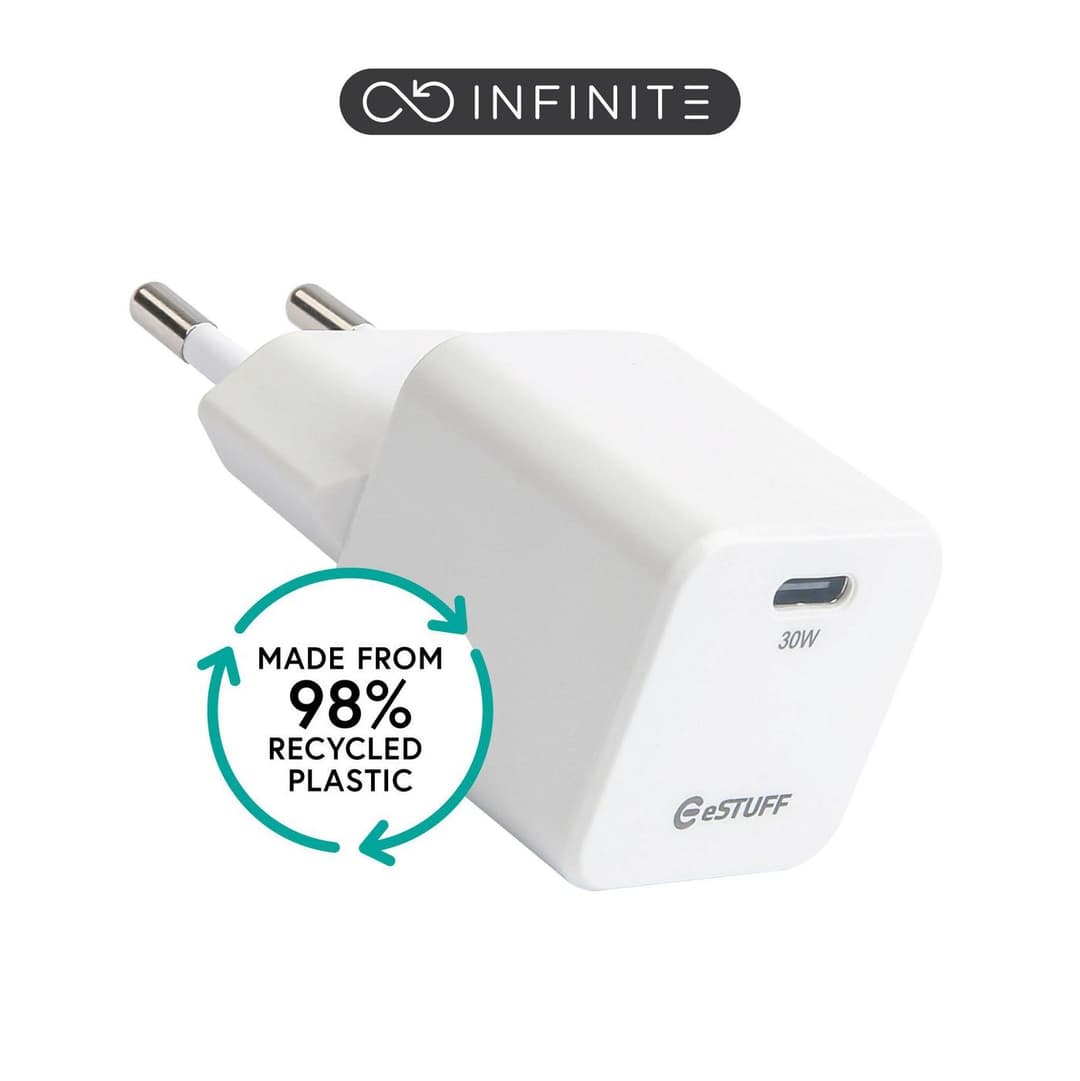 eSTUFF INFINITE (GRS) USB-C GaN Charger 30W PD EU Plug - White, Retail Pack - Image 1
