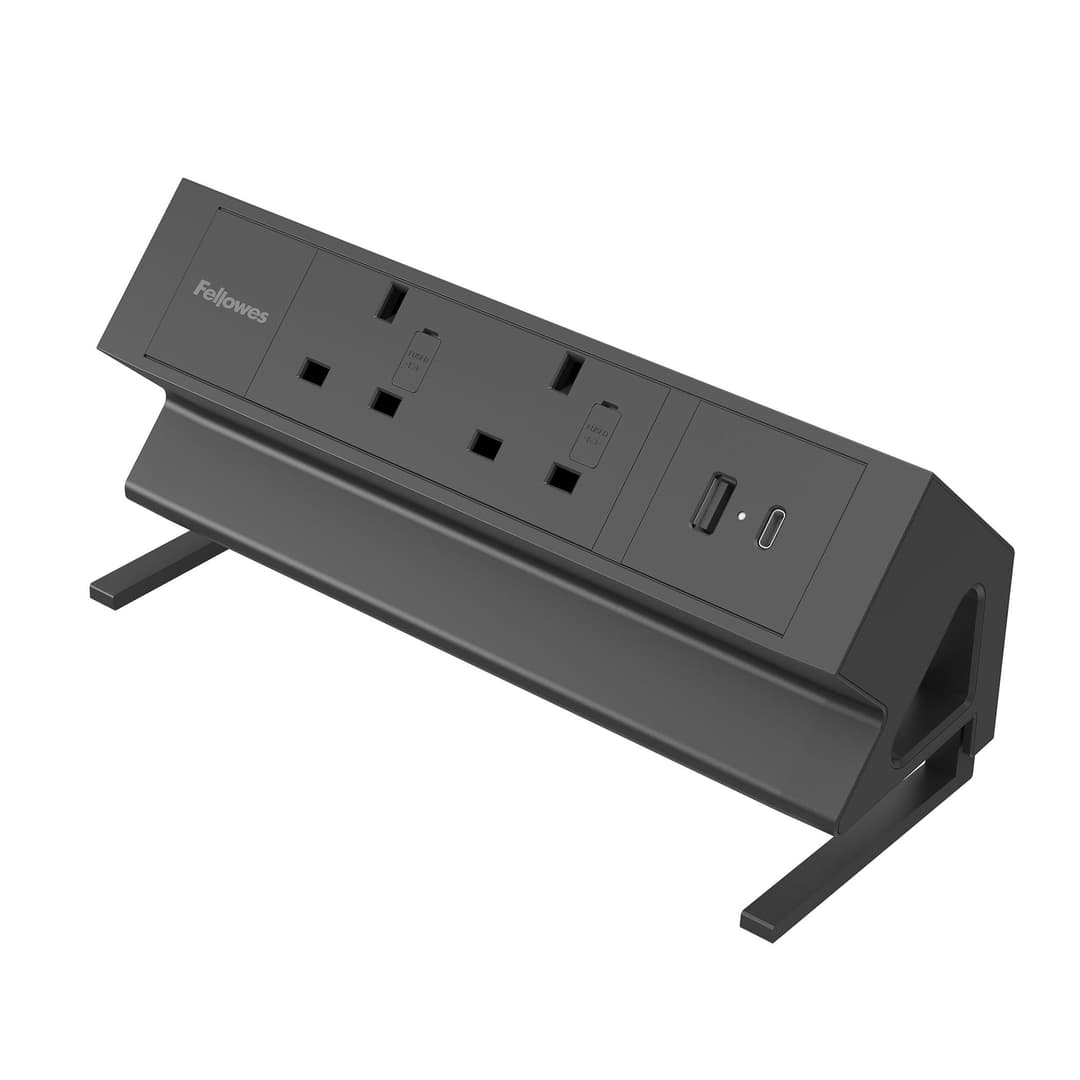 Fellowes Power Desk 2 Desktop Power Module - 2 UK Sockets (230V), USB-A (18W) & USB-C (30W), Desk Clamp 10-45mm, 2m Cable - Black - Image 1