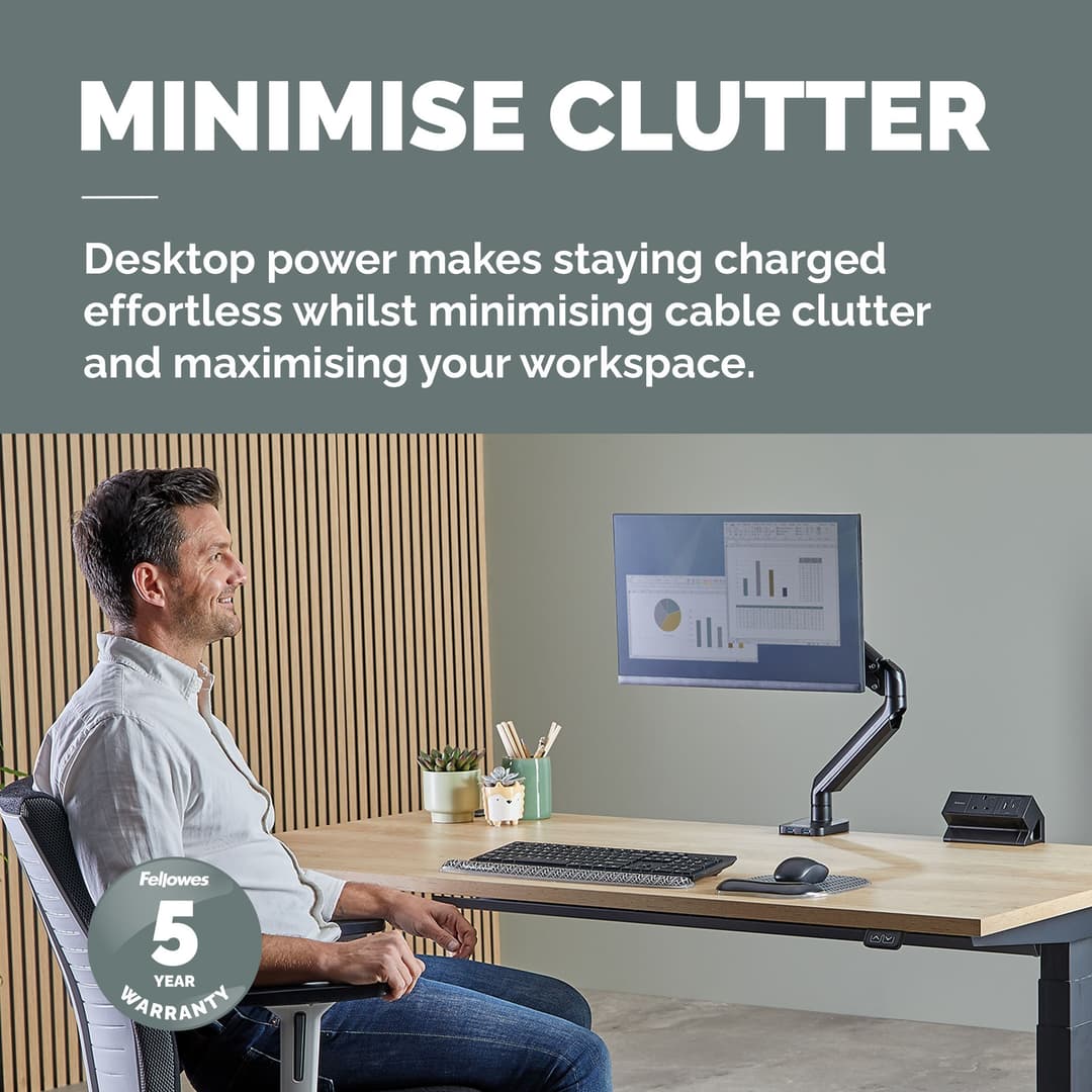 Fellowes Power Desk 2 Desktop Power Module - 2 UK Sockets (230V), USB-A (18W) & USB-C (30W), Desk Clamp 10-45mm, 2m Cable - Black - Image 2