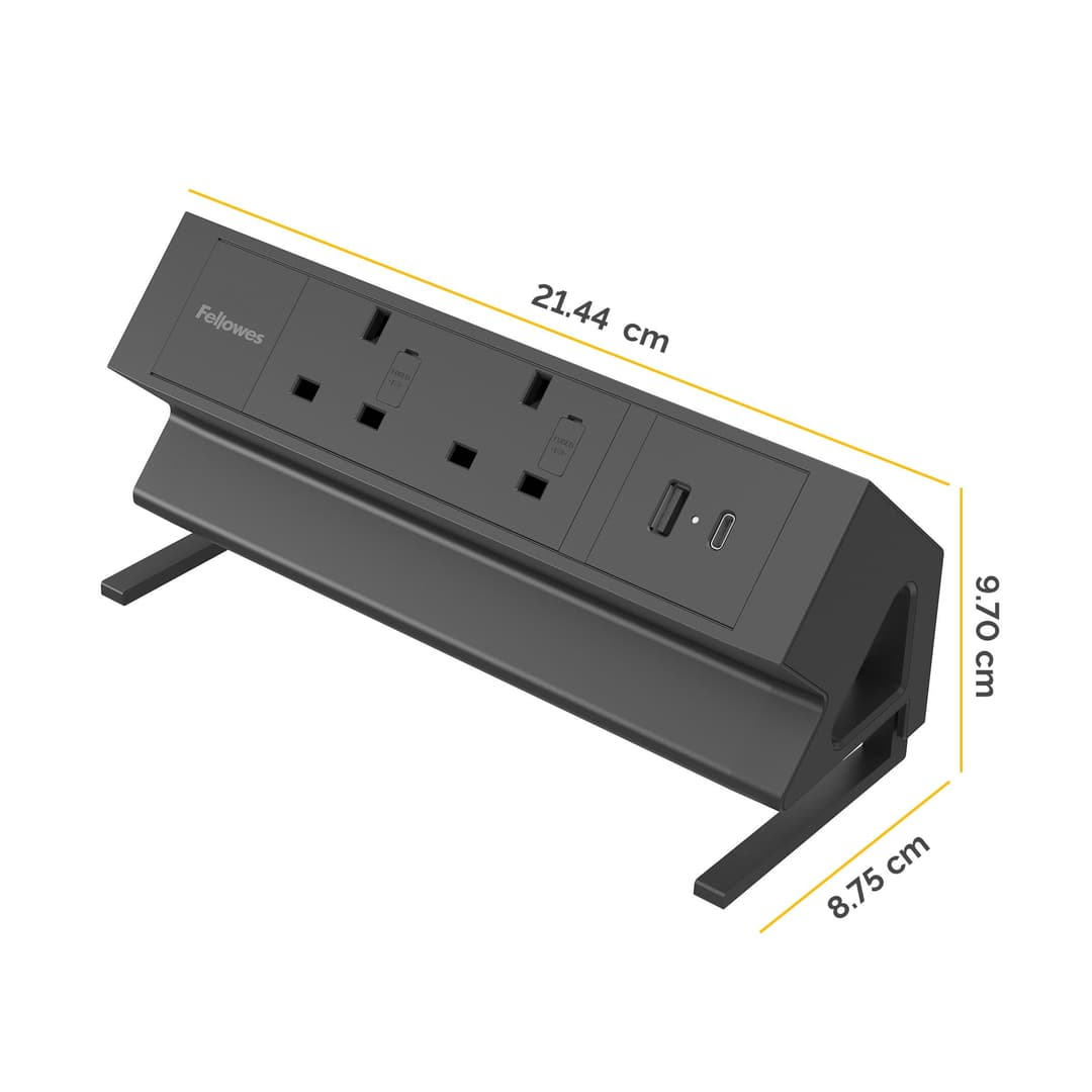 Fellowes Power Desk 2 Desktop Power Module - 2 UK Sockets (230V), USB-A (18W) & USB-C (30W), Desk Clamp 10-45mm, 2m Cable - Black - Image 3