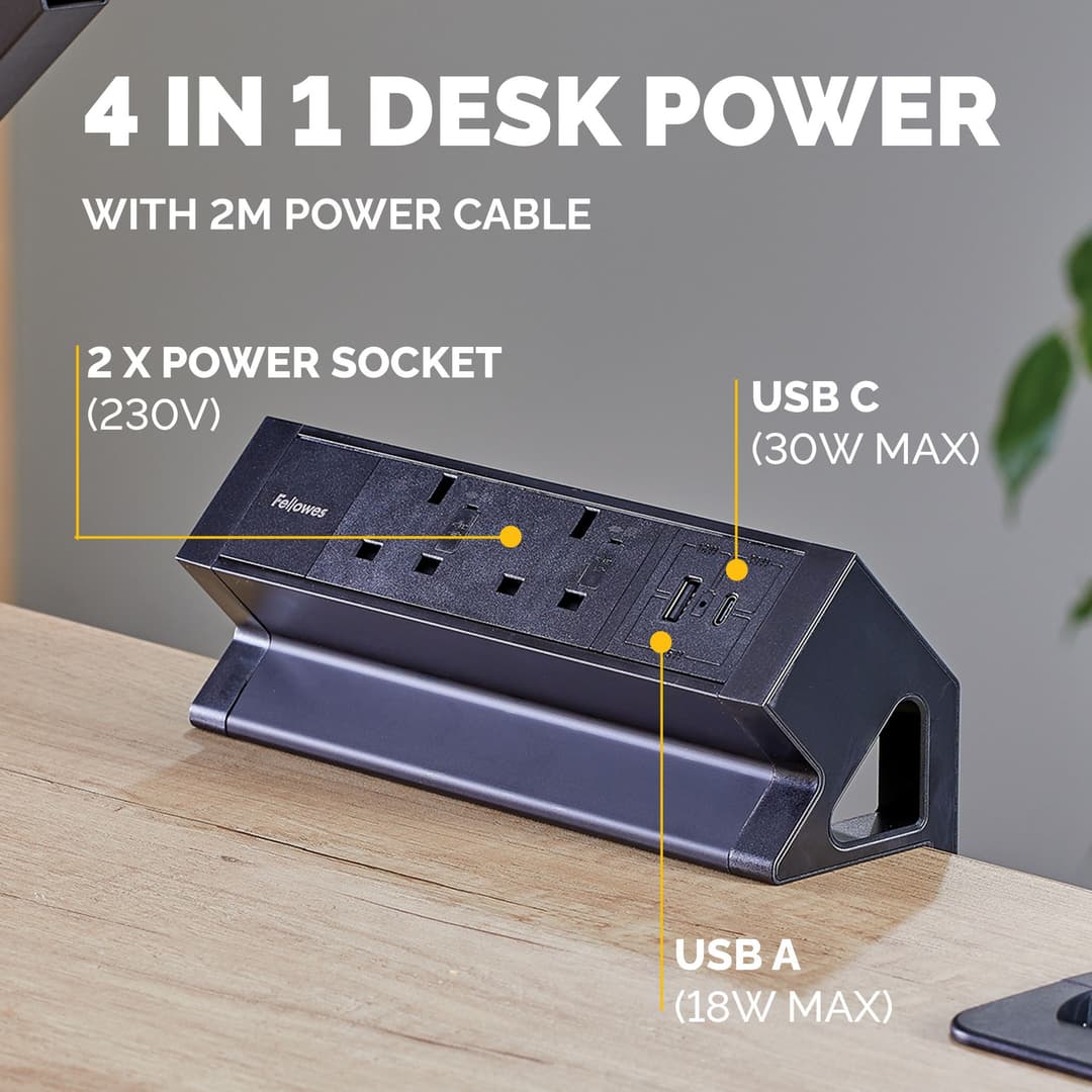 Fellowes Power Desk 2 Desktop Power Module - 2 UK Sockets (230V), USB-A (18W) & USB-C (30W), Desk Clamp 10-45mm, 2m Cable - Black - Image 4