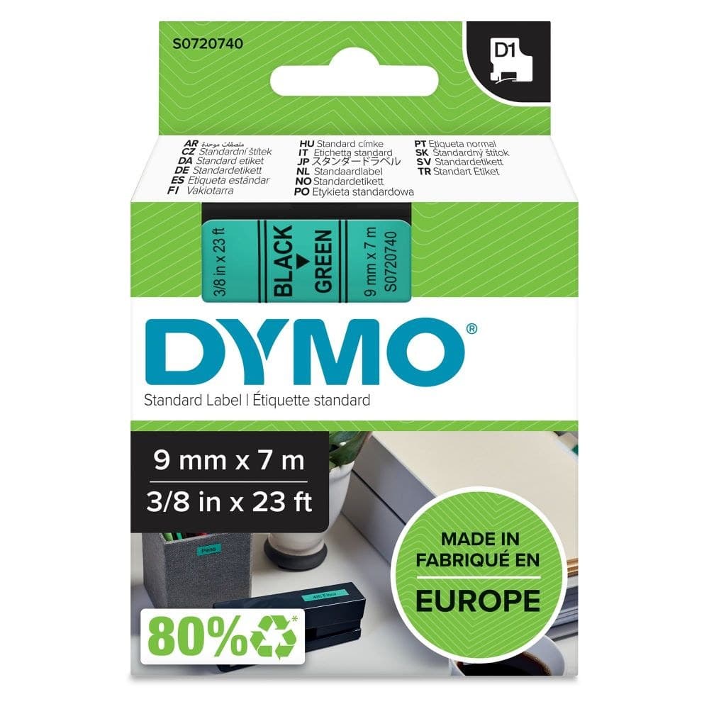DYMO Authentic D1 Standard Label Tape 9mm x 7m - Black on Green - Image 1