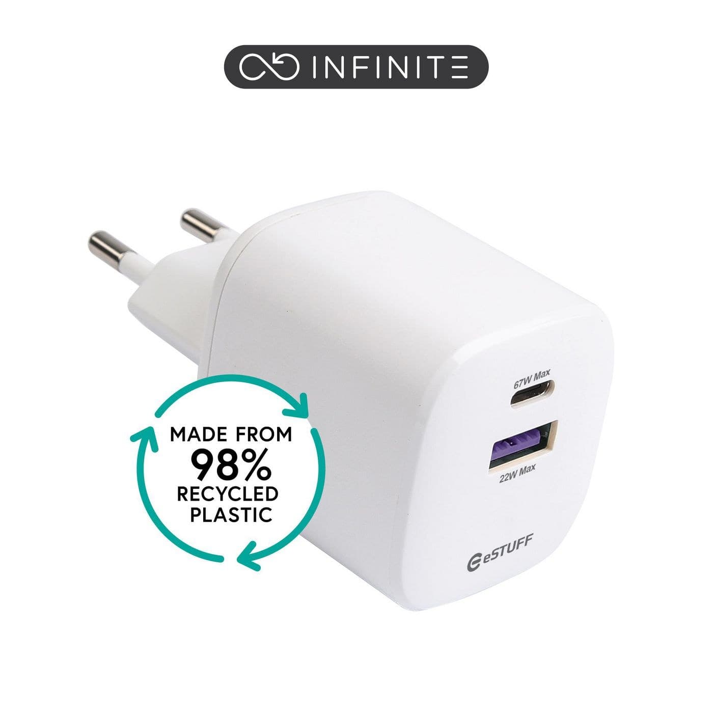 eSTUFF INFINITE (GRS) USB-C + USB-A GaN Charger 67W PD, EU Plug - White, Bulk Pack