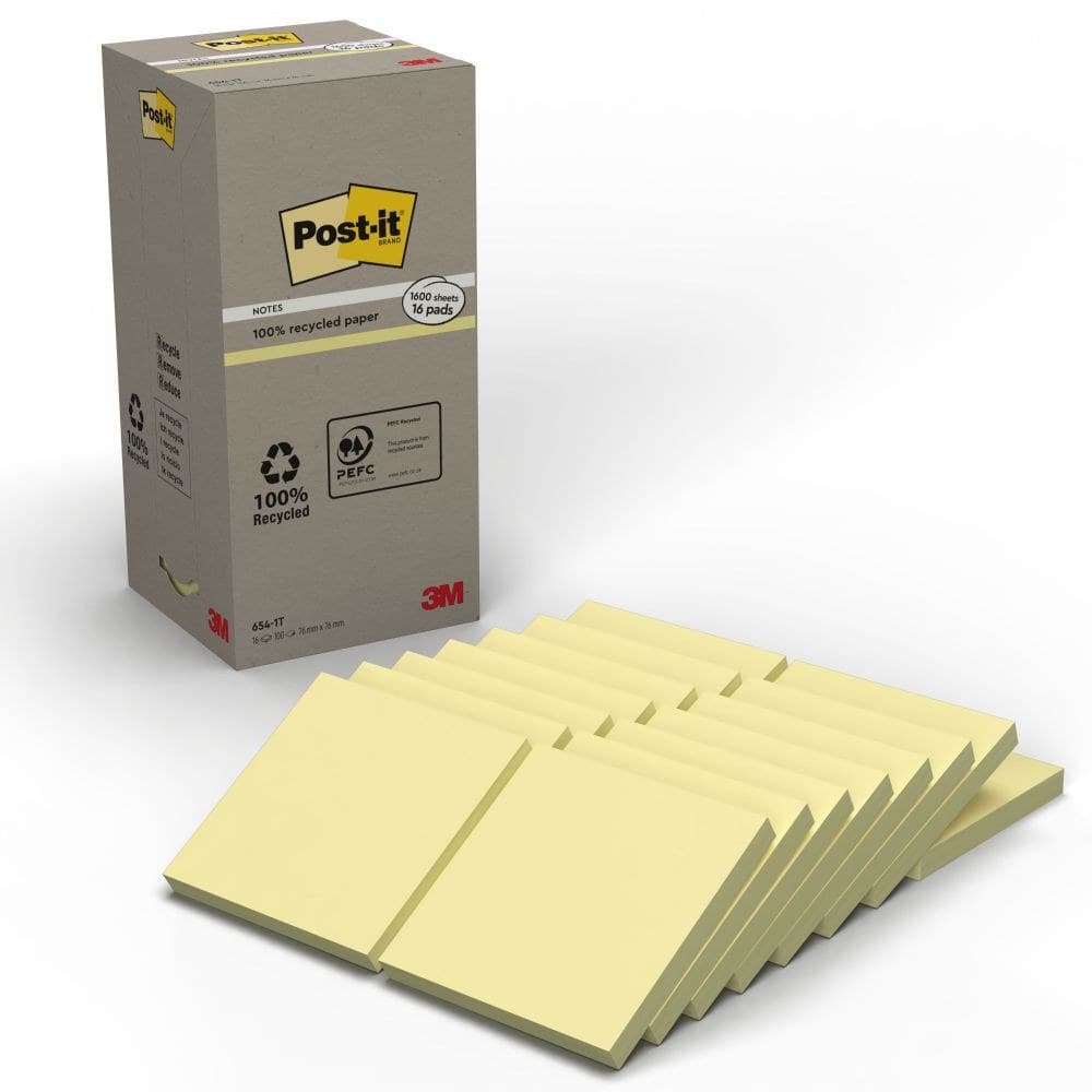 Post-it Recycled Notes Canary Yellow 100 Sheets Pack of 16 - 76 x 76 mm - Image 1