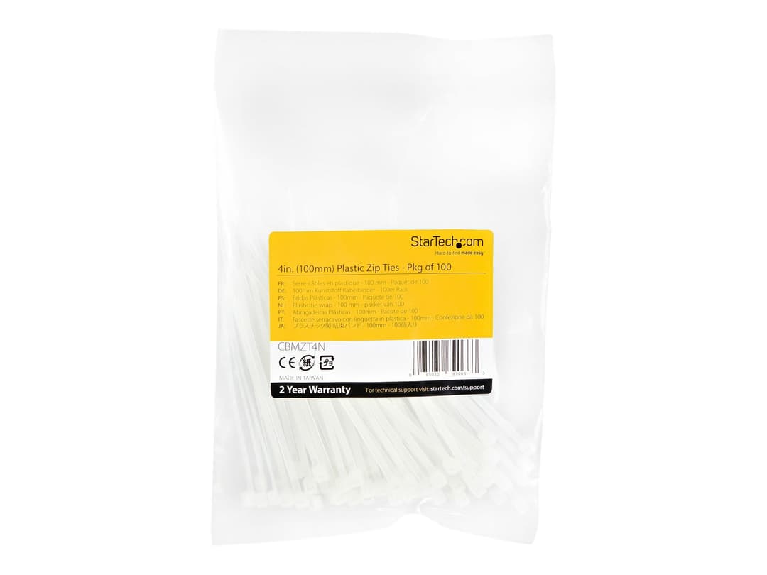 StarTech Cable Ties 10cm 100 Pack White - Image 1
