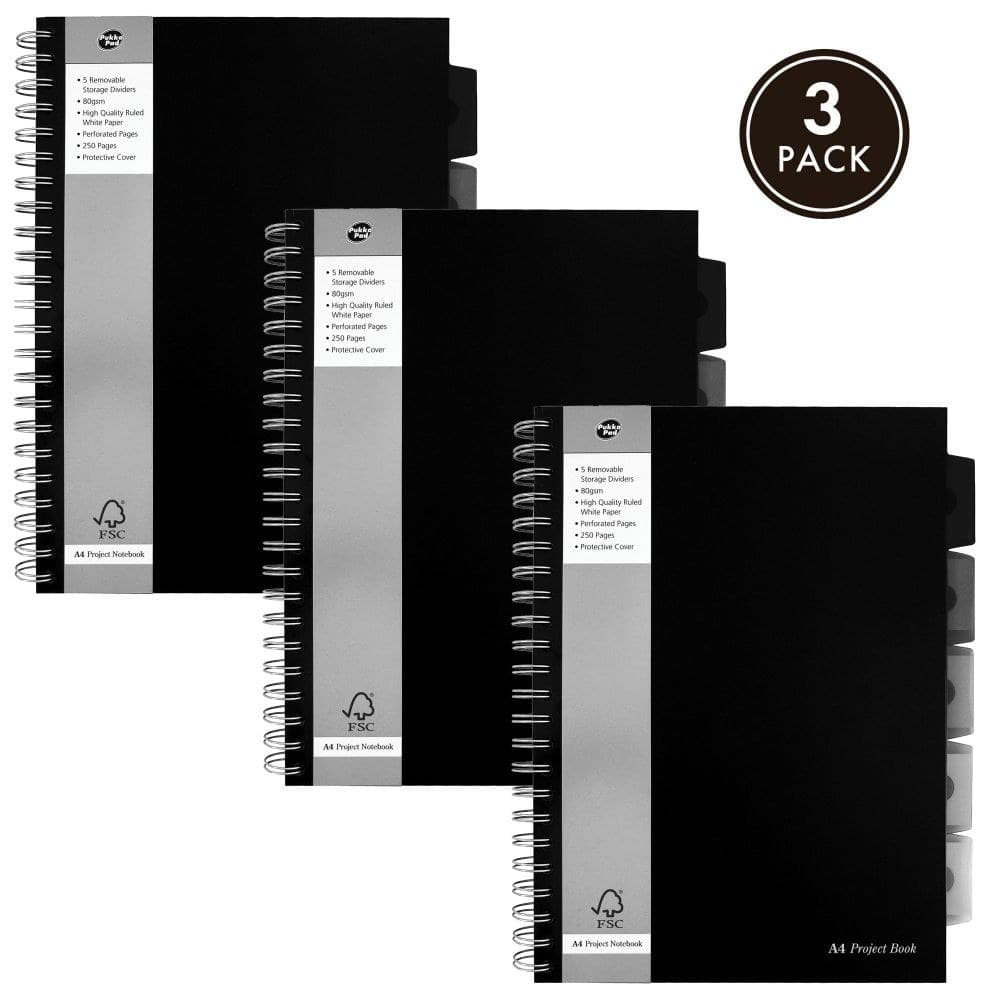 Pukka Pads Black Range Wirebound Project Book Ruled 250 Pages Pack of 3 - A4 - Image 1