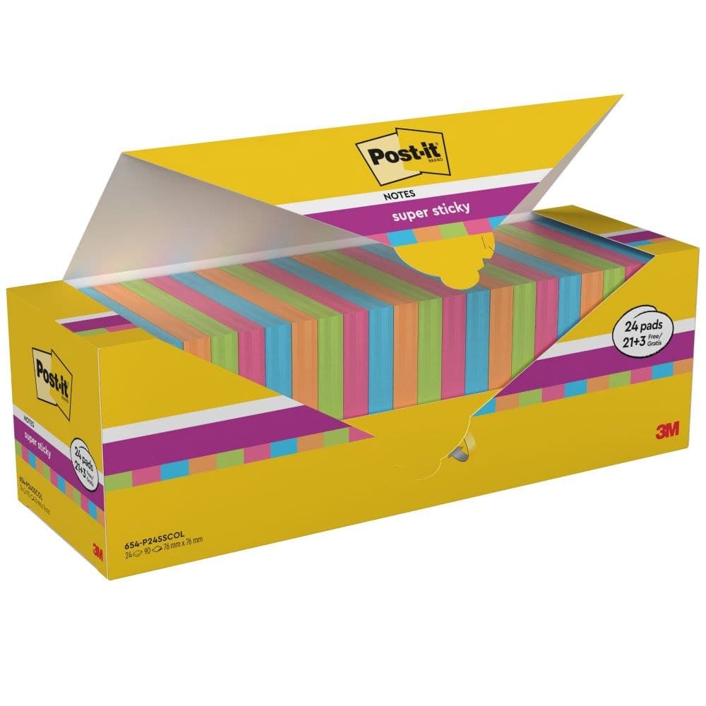 Post-it Super Sticky Notes 76x76mm 90 Sheets Assorted Colours Value Pack 21 + 3 Free Pads (Pack of 24) - Image 1