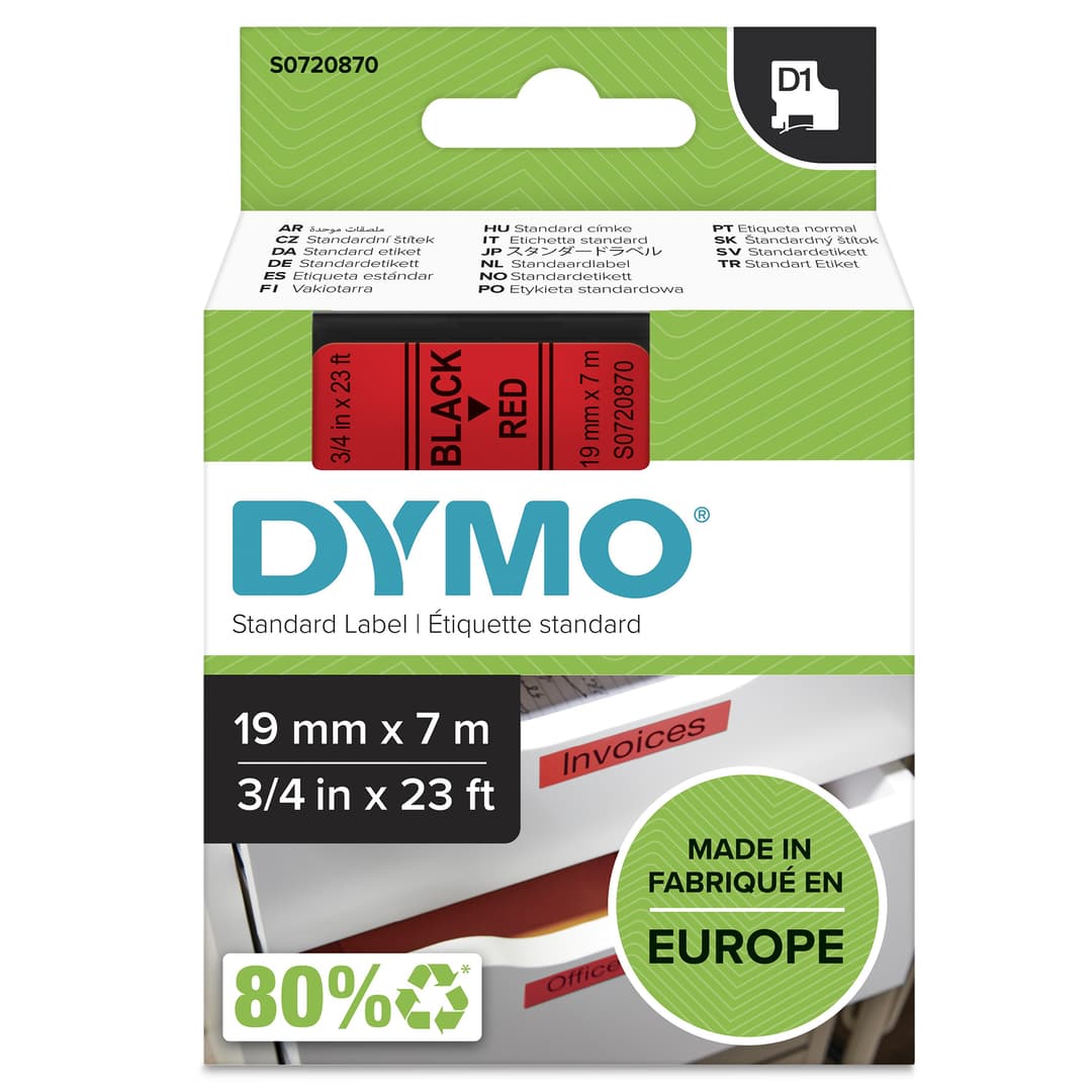 Dymo D1 Label Tape 19mm x 7m - Black on Red - Image 1