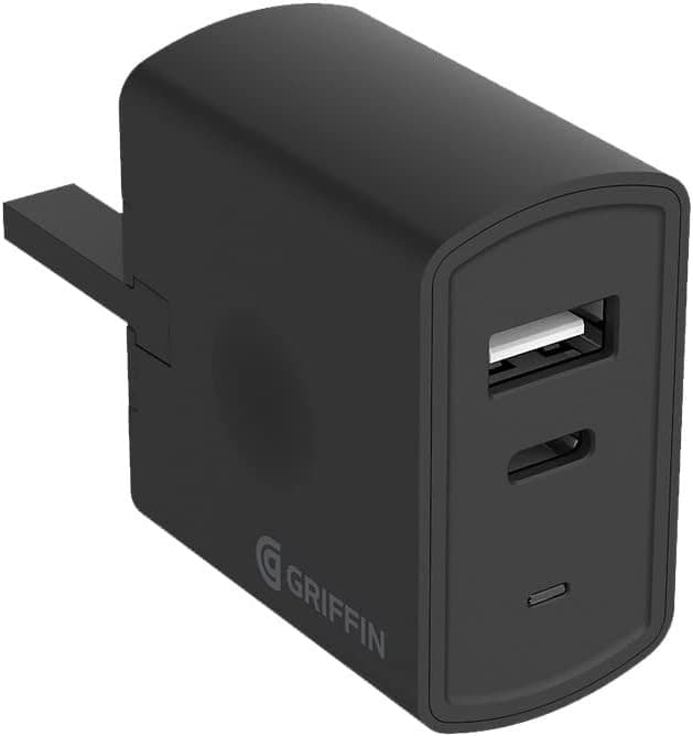 Griffin GP-152-BLK-UK Dual-Port Wall Charger (USB-C 15W + USB-A 18W), UK Plug, Black