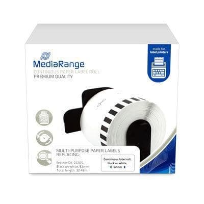 MediaRange Continuous Paper Label, for Label Printers using Brother DK-22205, 62mm, 30.48m, Black on White