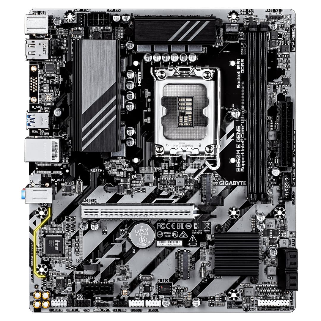 GIGABYTE B860M E GEN5 Motherboard - Intel Core Ultra Series CPUs, 4+1+2 Phases VRM, up to 8800MHz DDR5 (O.C.), 2xPCIe 4.0 M.2, 1GbE LAN, USB 3.2 Gen 1 - Image 2