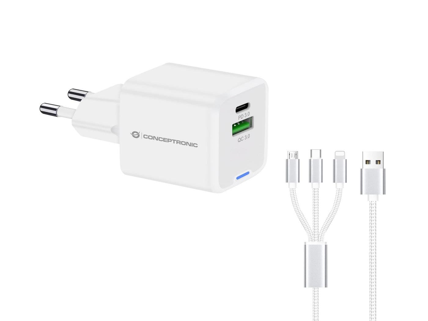 Conceptronic ALTHEA16W 2-Port 33W GaN USB PD Charger with 3-in-1 Charging Cable, USB-C and USB-A, QC 3.0, PPS