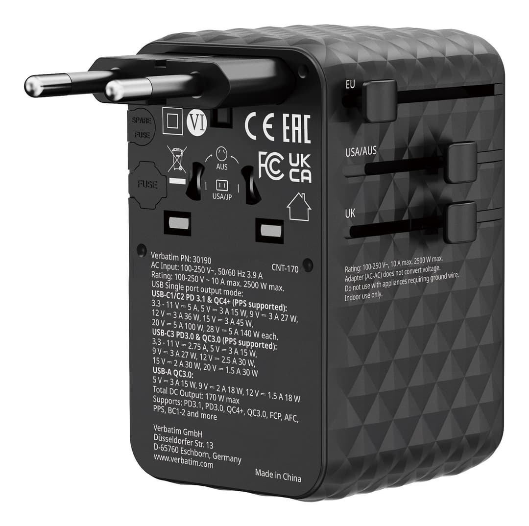 Verbatim Charge 'n' Travel 170W Universal Travel Adapter Black - Image 2