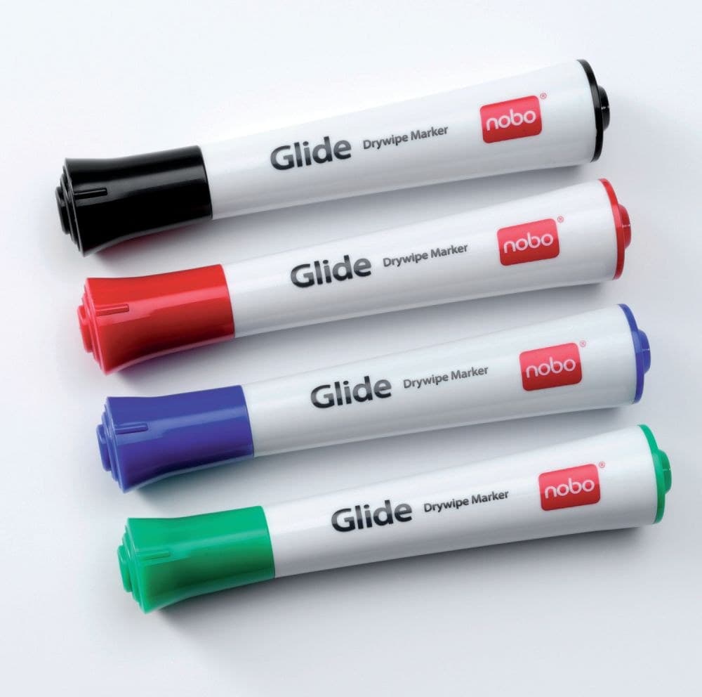 Nobo 1902077 Glide Drywipe Markers Pack of 4 Fine Tip Assorted Colours - Image 1