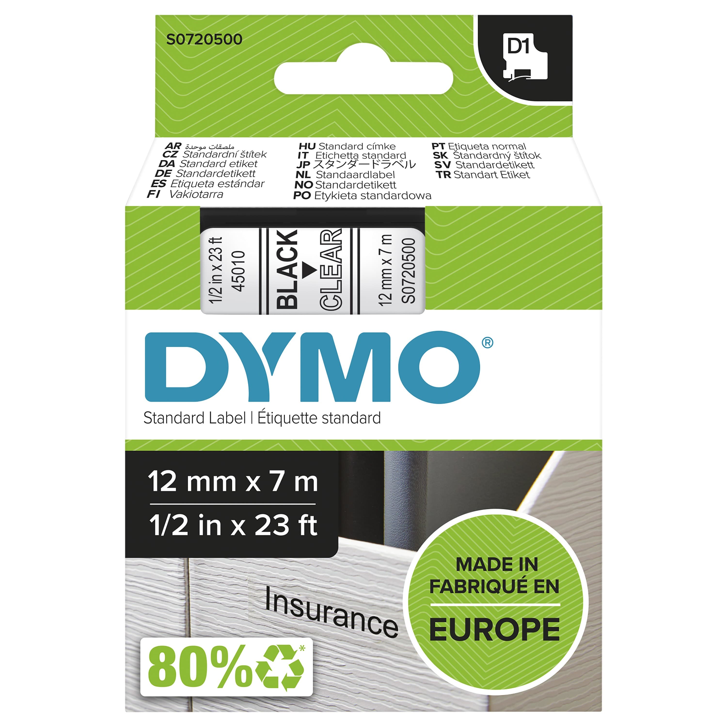 DYMO D1 Label Tape 12mm x 7m - Black on Clear