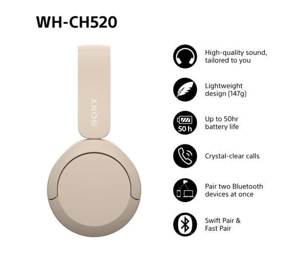Sony WH-CH520 Wireless Headphones - Beige - Image 8