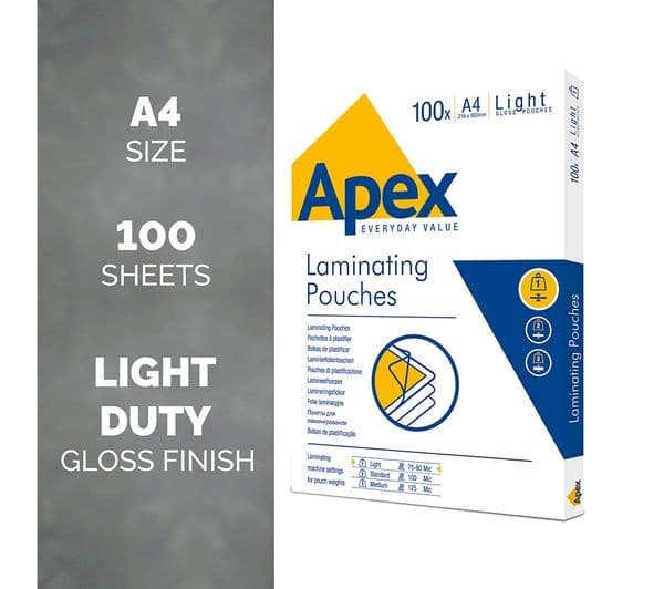Fellowes Apex Light Duty 150 Micron Laminating Pouches - Pack of 100 - A4 - Image 2