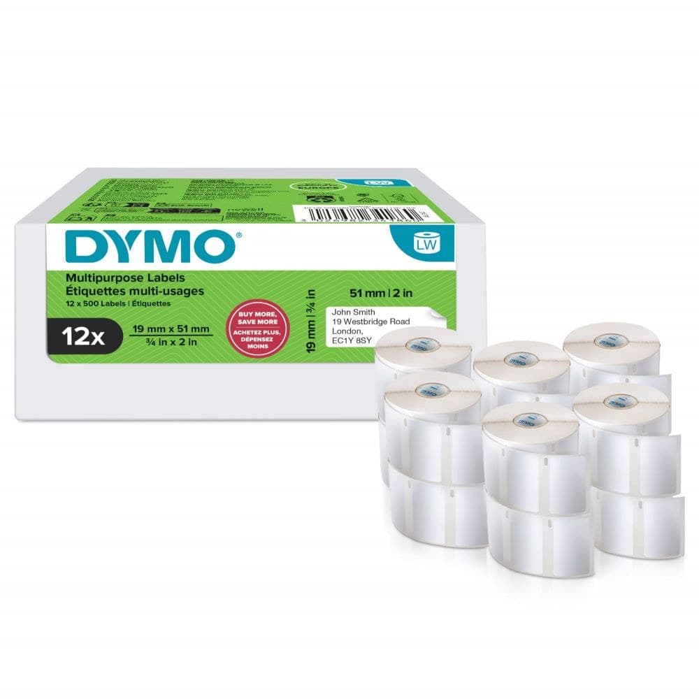 DYMO 11355 LabelWriter Small Multi-Purpose Labels 19 mm x 51 mm 500 Labels Per Roll Pack of 12 Rolls - Image 1