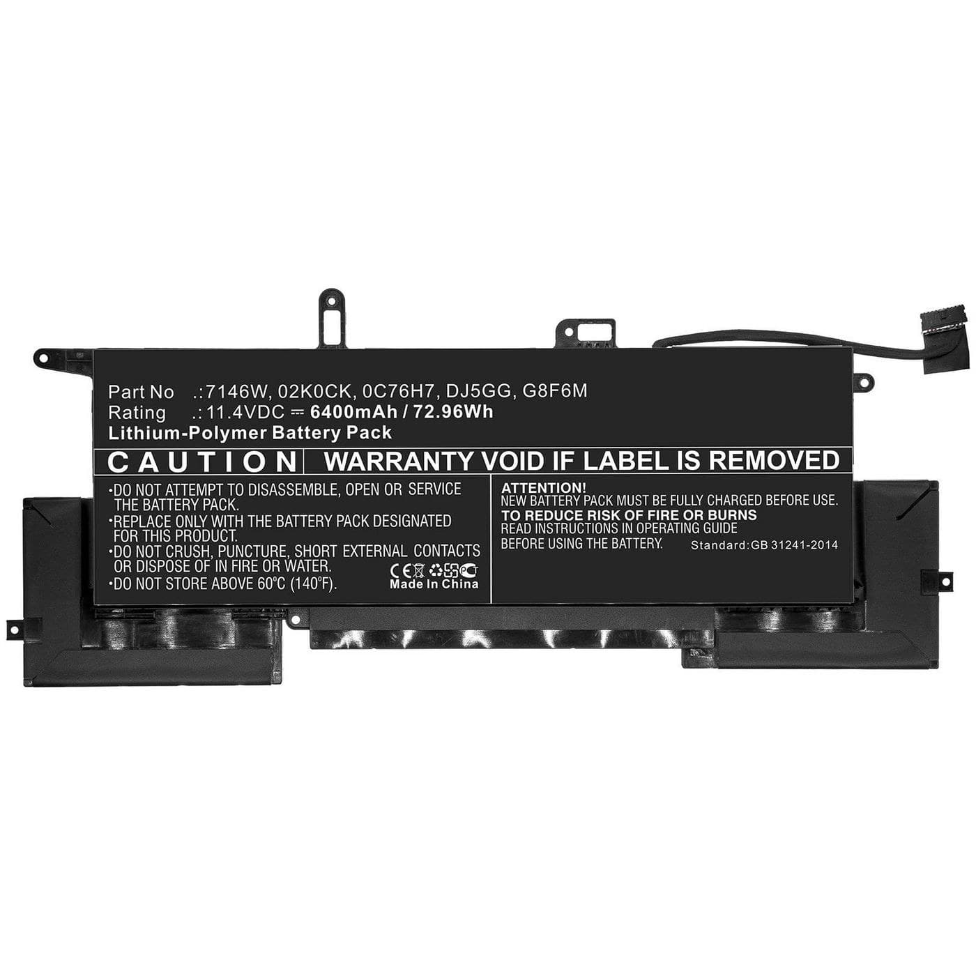 CoreParts MBXDE-BA0204 Replacement Battery for Dell Latitude 7400 2-in-1 (7146W), 11.4V 6400mAh Li-Pol, 72.96Wh, Black