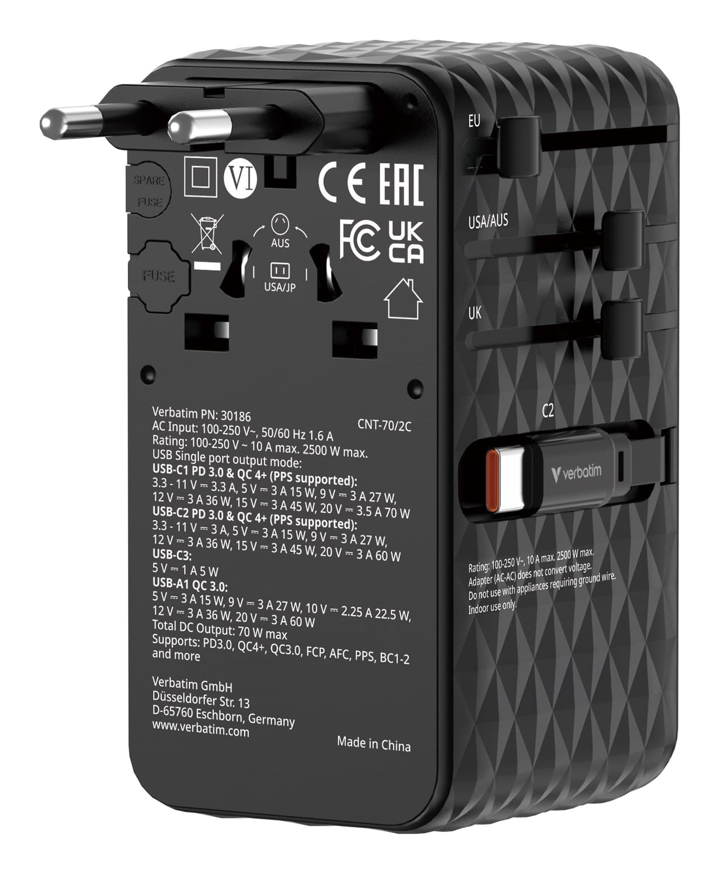 Verbatim Charge 'n' Travel 70W 2C retractable Universal Travel Adapter Black